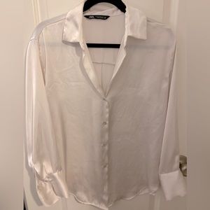 Zara Satin Effect Shirt Cream Button Down XS